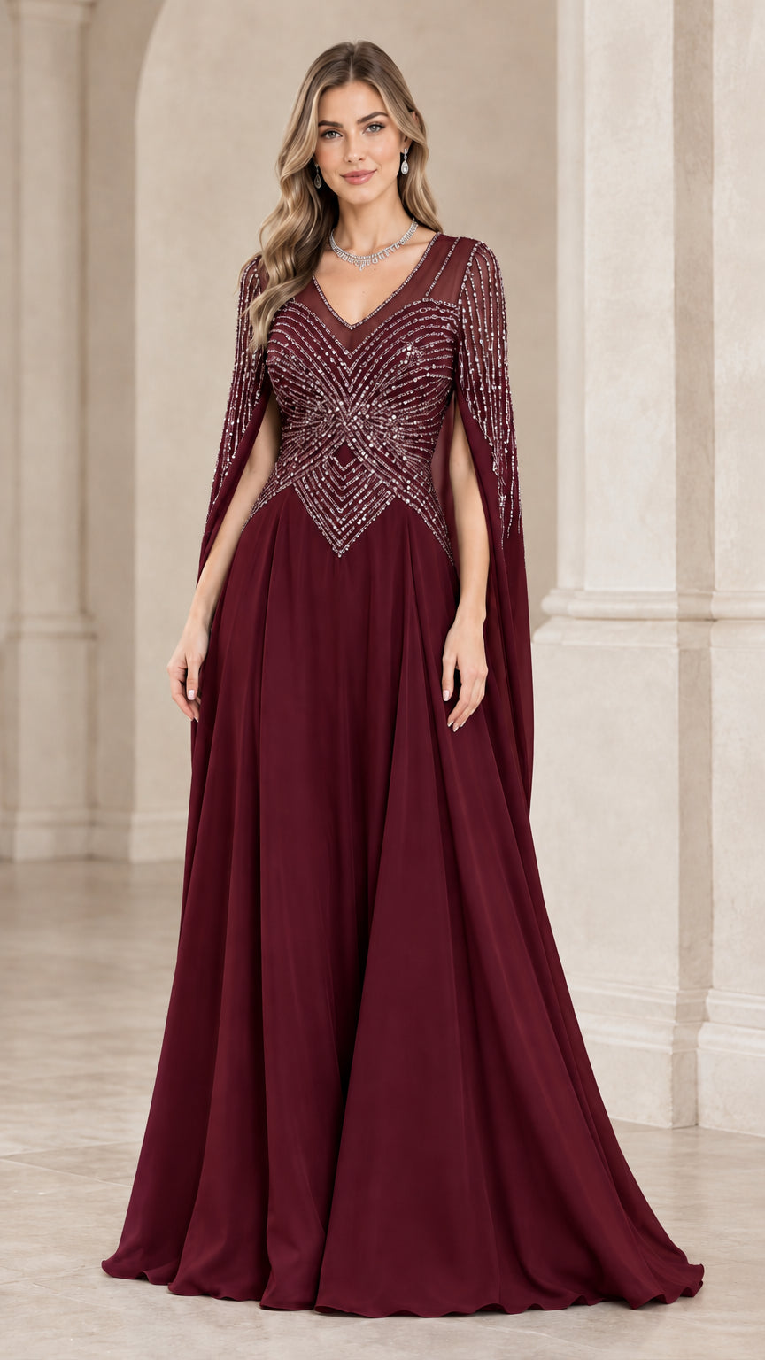Full-length front view of burgundy wine sequin cape sleeve chiffon gown