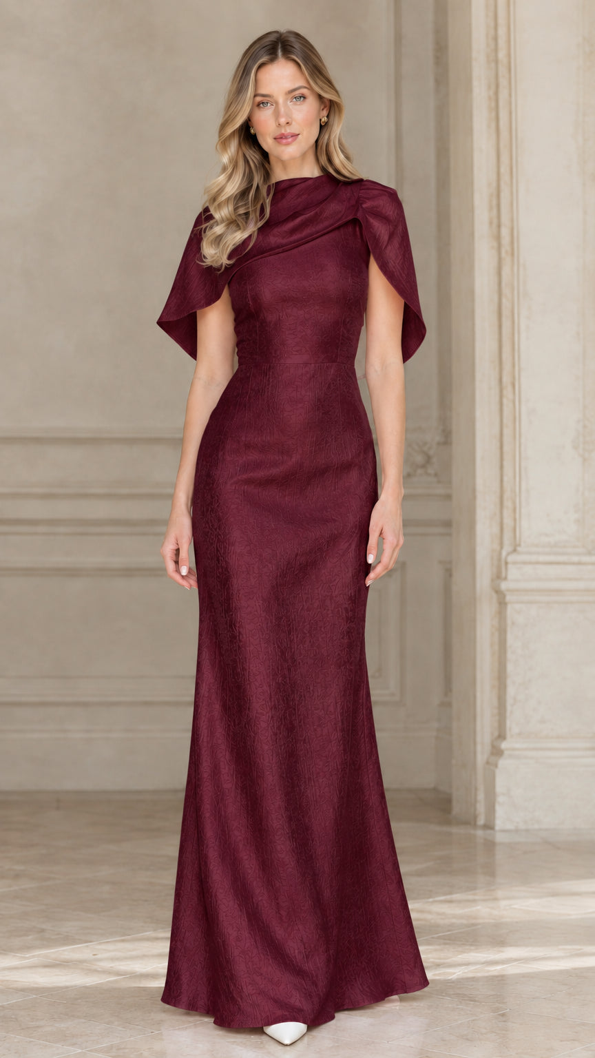 Burgundy wine draped cowl capelet formal maxi gown