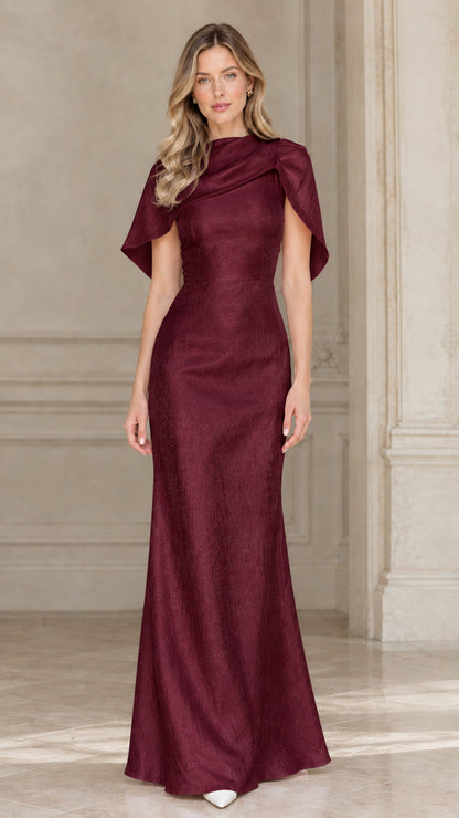 Burgundy wine draped cowl capelet formal maxi gown