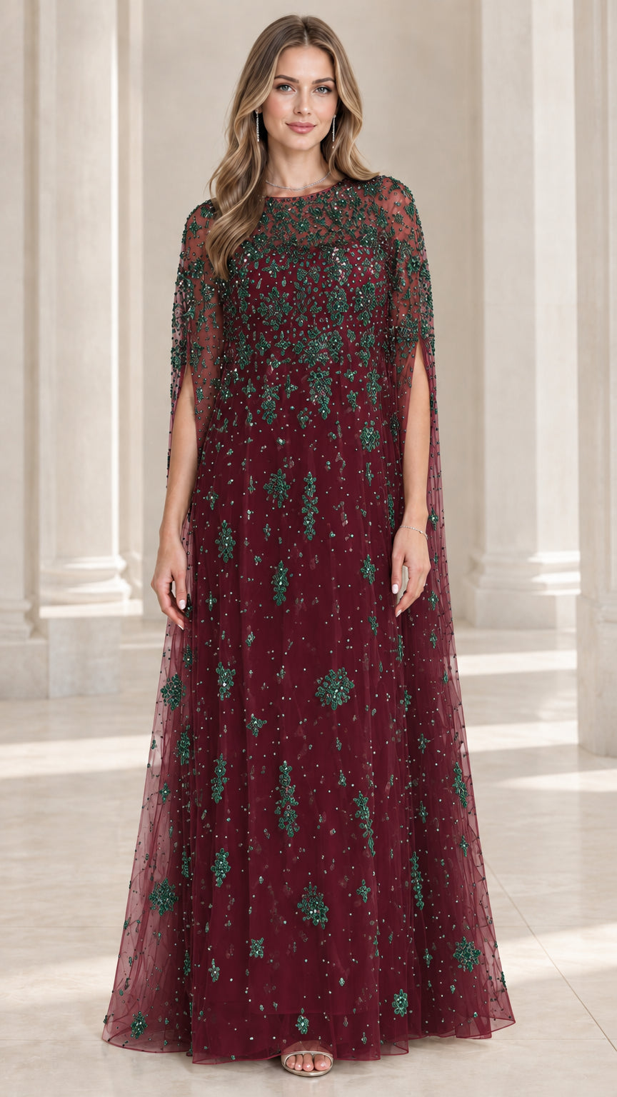 Burgundy wine red cape evening gown with sequin details