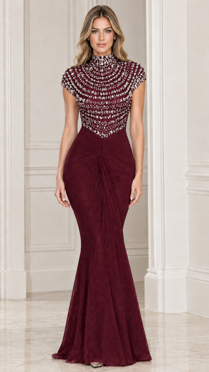 Front view of burgundy wine beaded mock neck mermaid evening gown