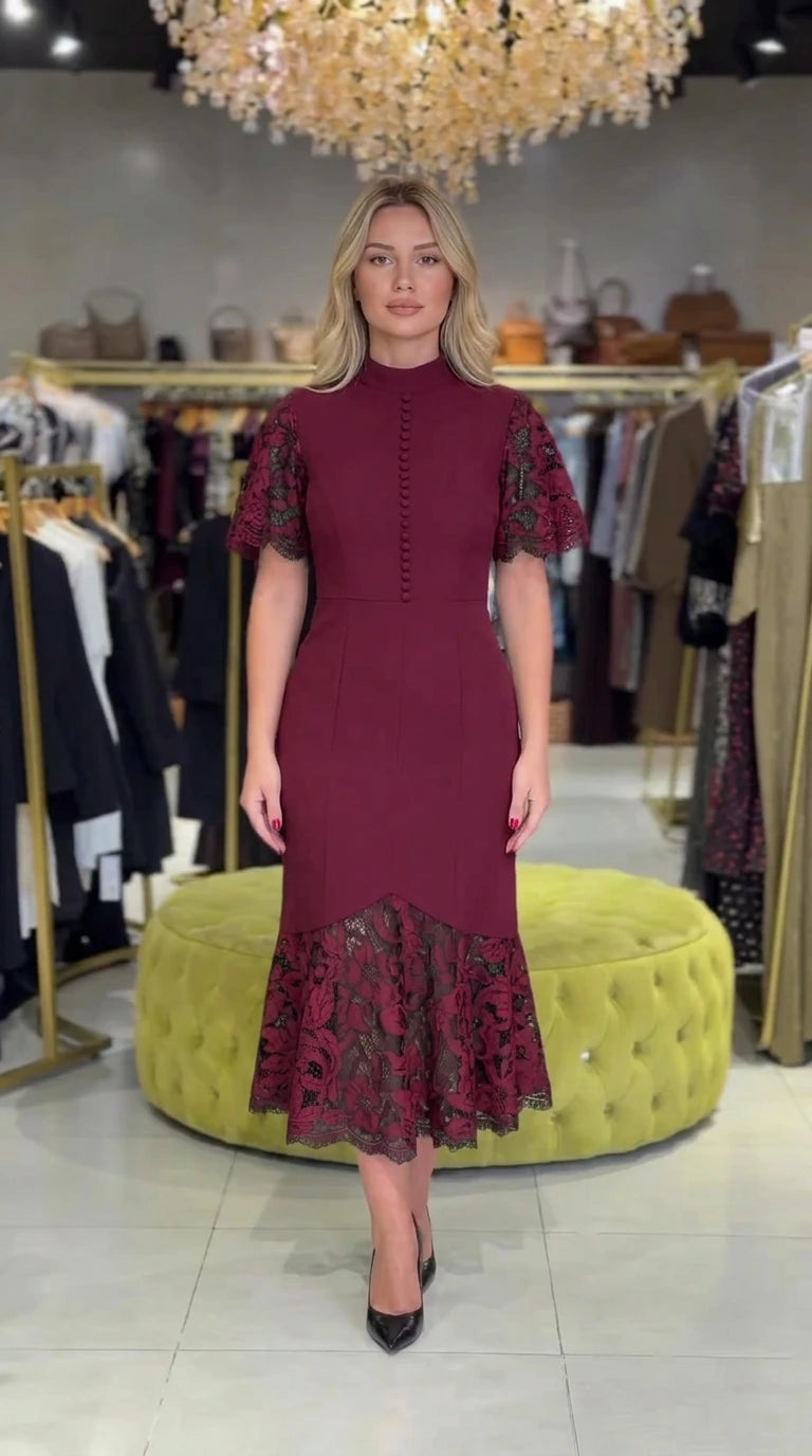 Model wearing rich burgundy wine red mock neck lace midi dress