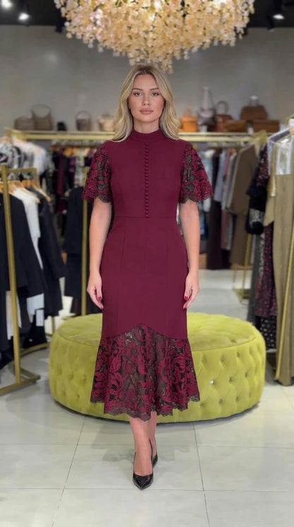 Model wearing rich burgundy wine red mock neck lace midi dress