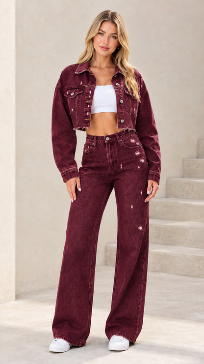 Full-length studio shot of woman wearing Burgundy wine red 2-piece cropped denim set