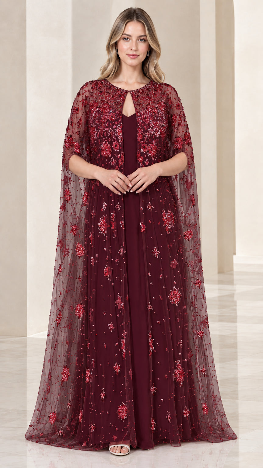 Burgundy red formal evening gown with tone-on-tone sequin and bead embroidered cape