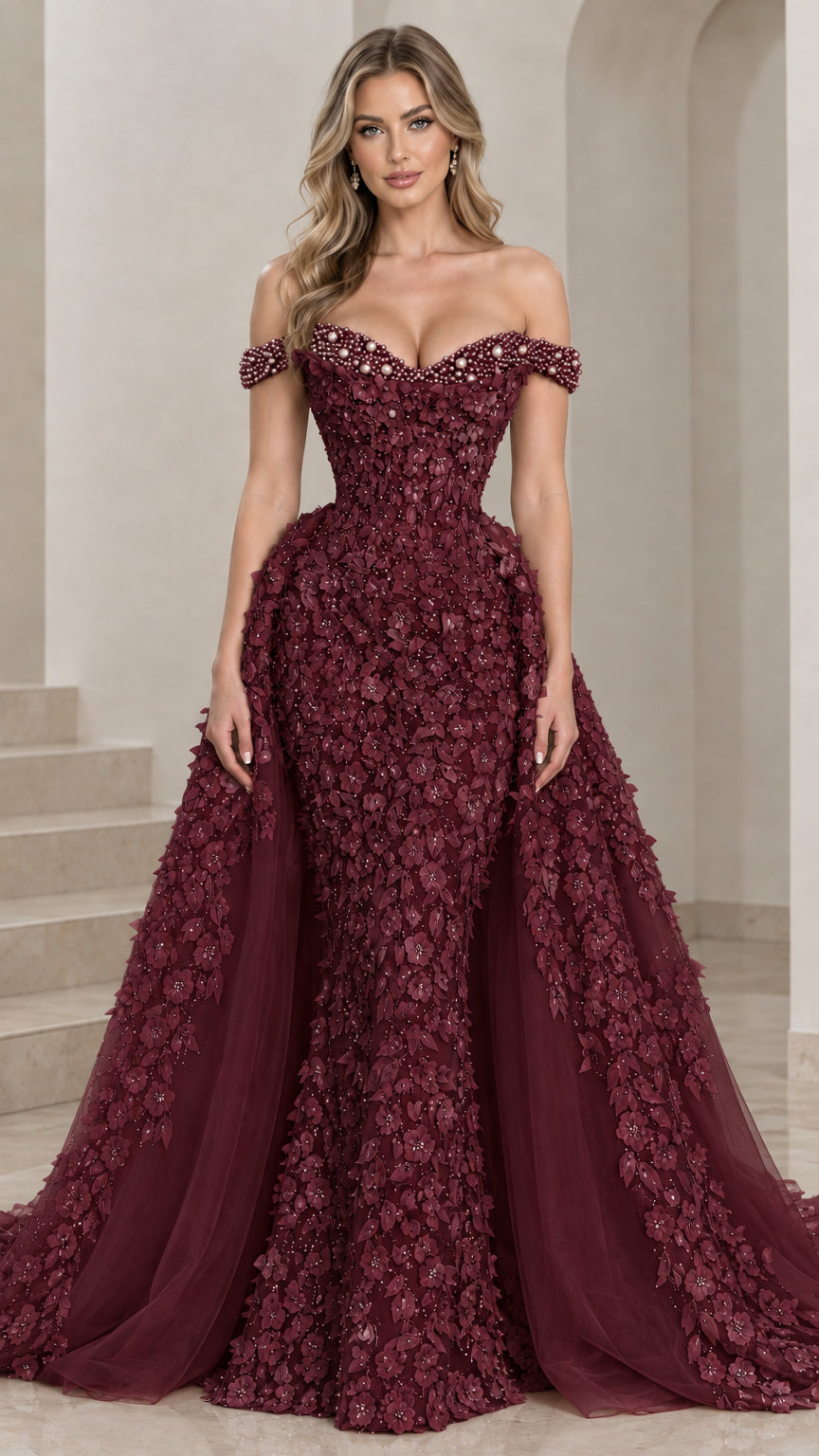 Burgundy wine red off-the-shoulder floral applique mermaid gown with overskirt