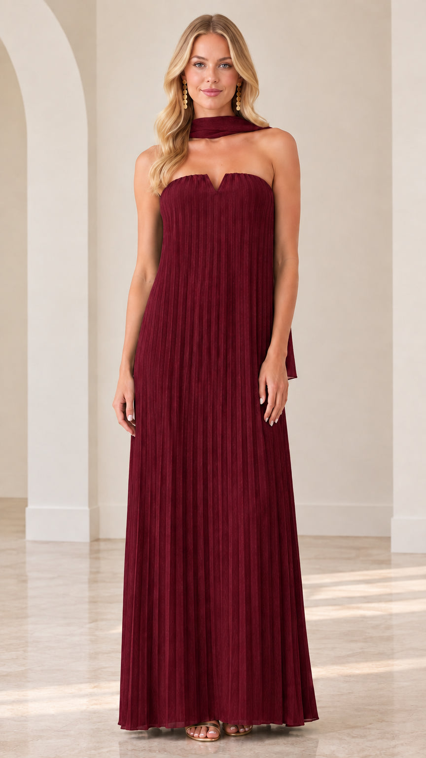 Burgundy wine red strapless pleated evening gown with matching scarf