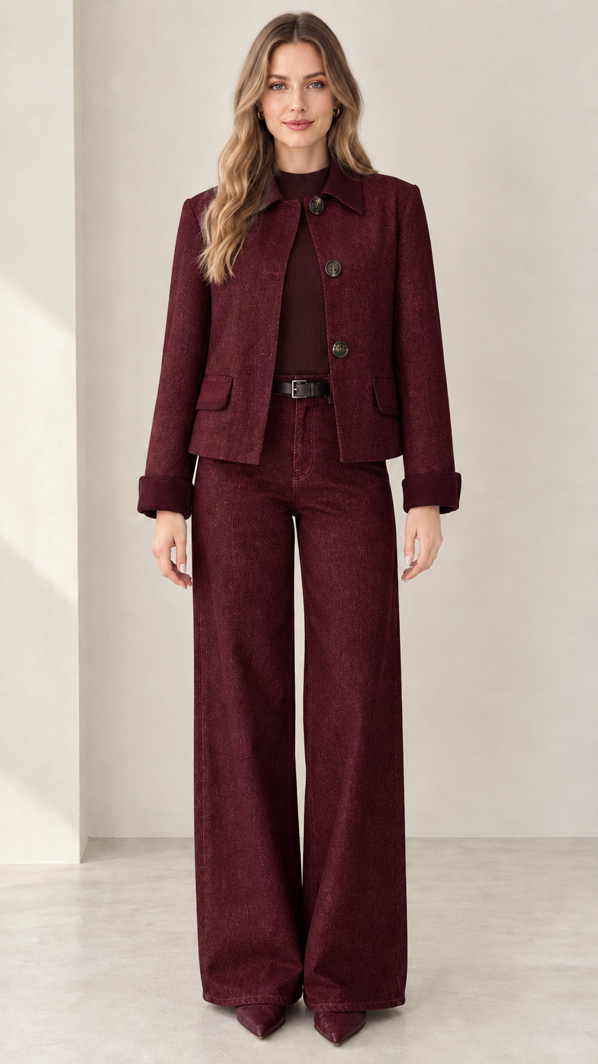 Model wearing Burgundy wine red denim jacket and wide-leg pant set