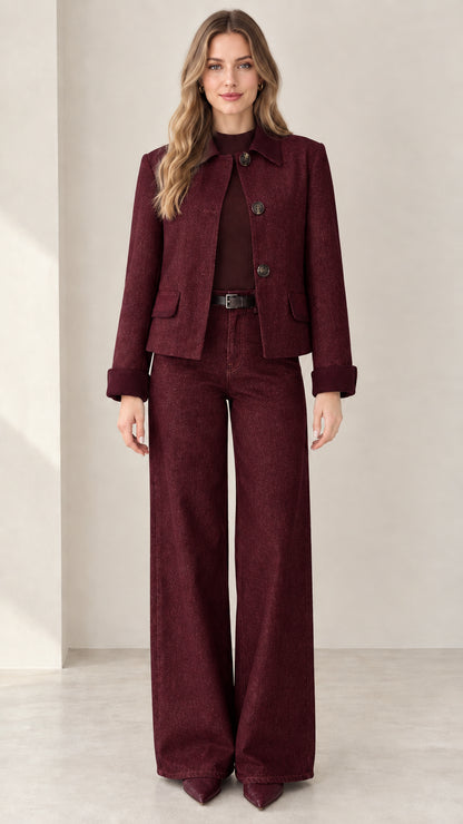 Model wearing Burgundy wine red denim jacket and wide-leg pant set