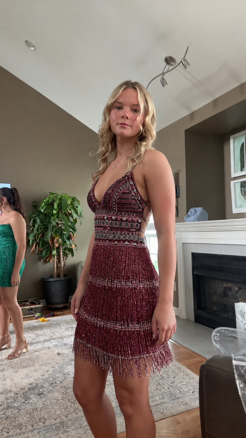 Front view of burgundy wine beaded sequin fringe mini dress