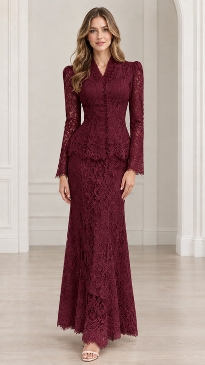 Front view of Burgundy wine lace formal evening two-piece set