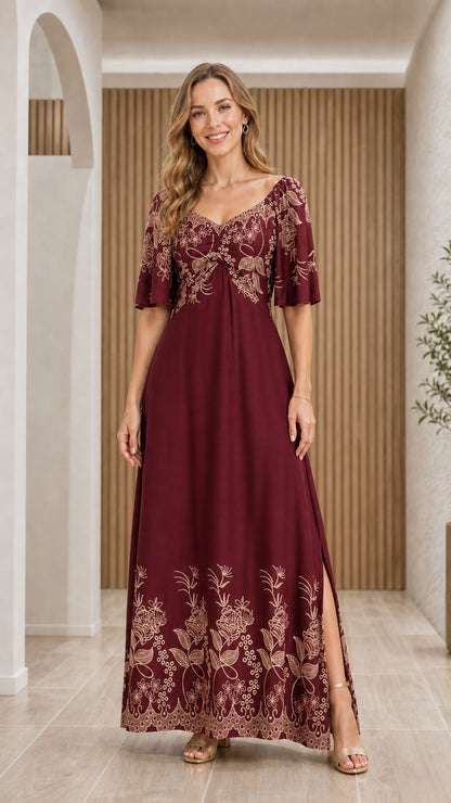 Front view of woman wearing Burgundy wine red floral embroidered maxi dress