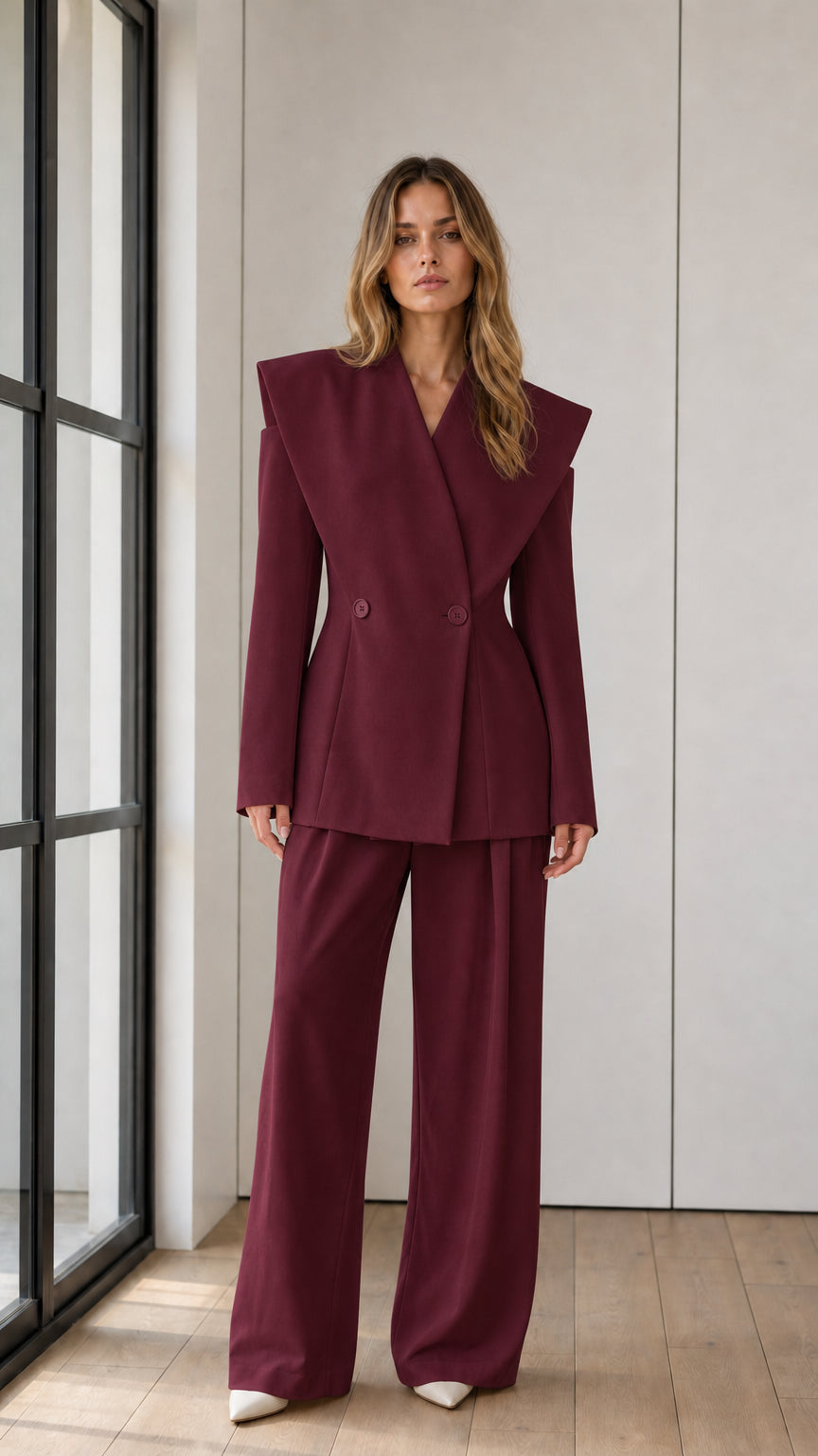 Full-length front view of model in rich burgundy wide lapel blazer and wide-leg suit set