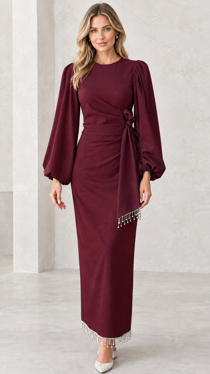 Front view of burgundy wine red elegant lantern sleeve maxi dress with beaded hem