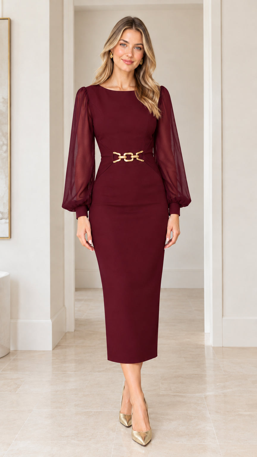 Burgundy wine red sheer sleeve sheath midi dress front view