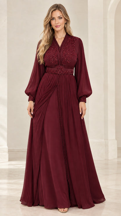 Burgundy wine red embroidered maxi evening dress with bishop sleeves