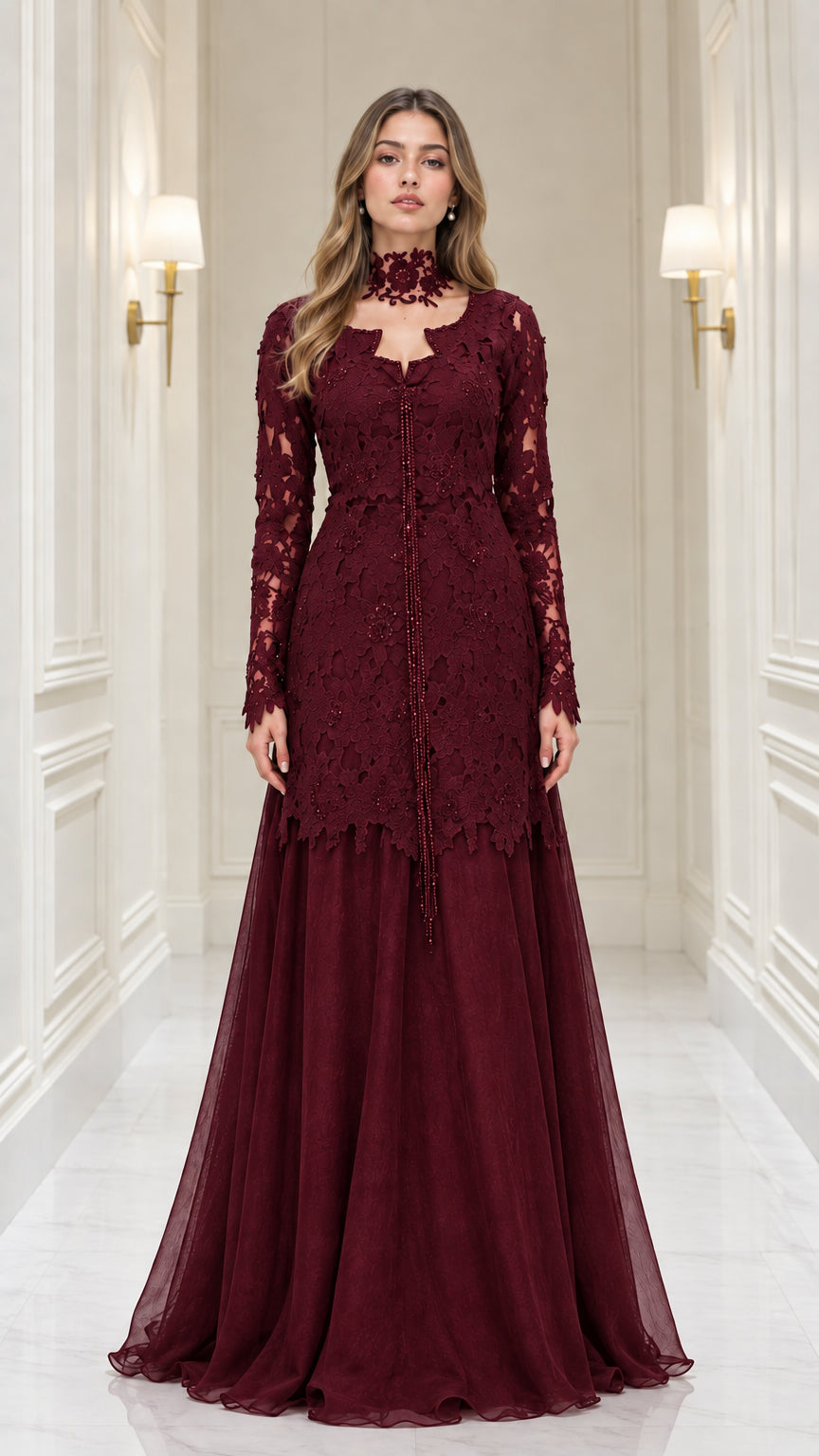 Burgundy wine red long sleeve lace evening gown with choker collar