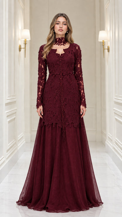 Burgundy wine red long sleeve lace evening gown with choker collar