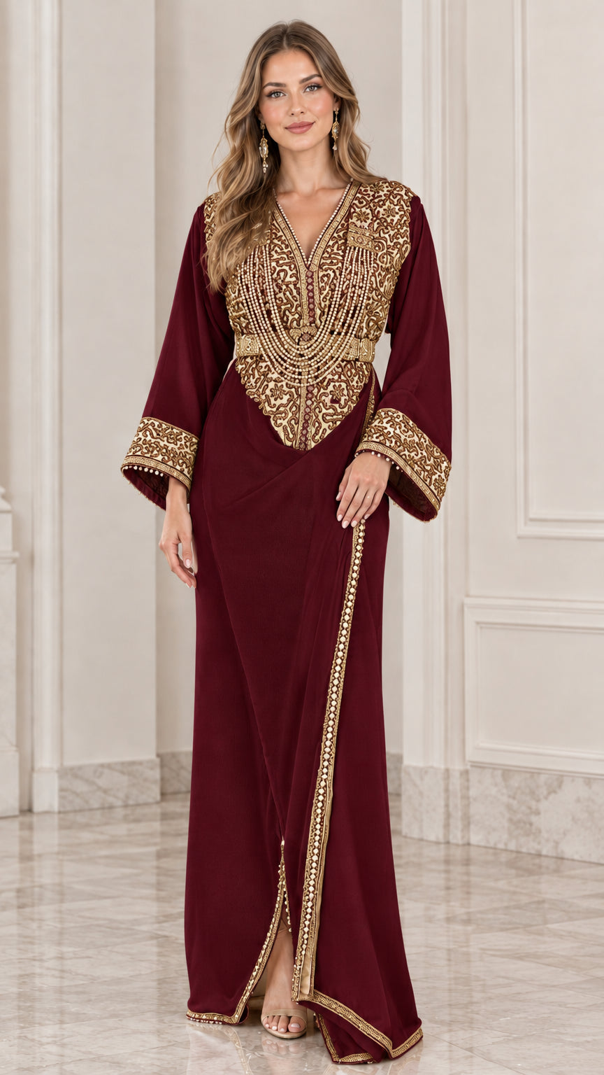 Front view of model wearing burgundy red kaftan maxi dress with gold embroidery