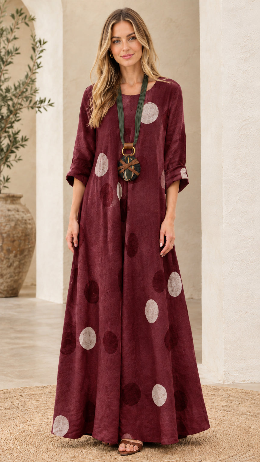 Woman wearing burgundy wine red polka dot relaxed fit maxi dress