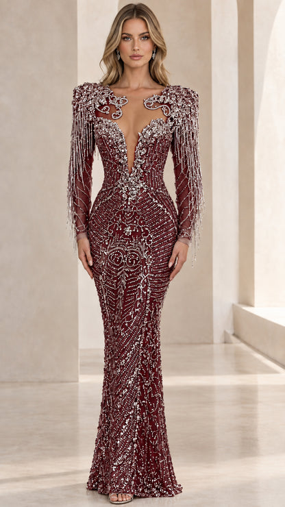 Front view of burgundy wine red sequined formal gown with beaded fringe shoulders