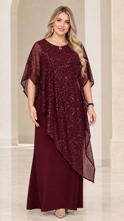 Front view of model wearing Burgundy wine sequin poncho maxi dress
