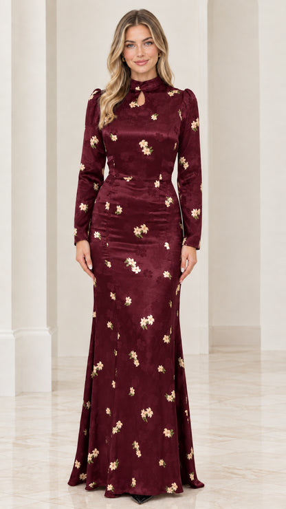 Front view of burgundy wine floral jacquard long sleeve evening dress