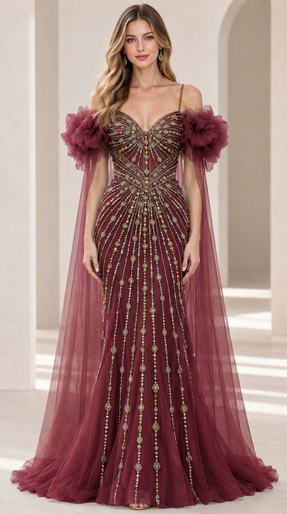 Front view of burgundy wine beaded evening gown with ruffled tulle sleeves