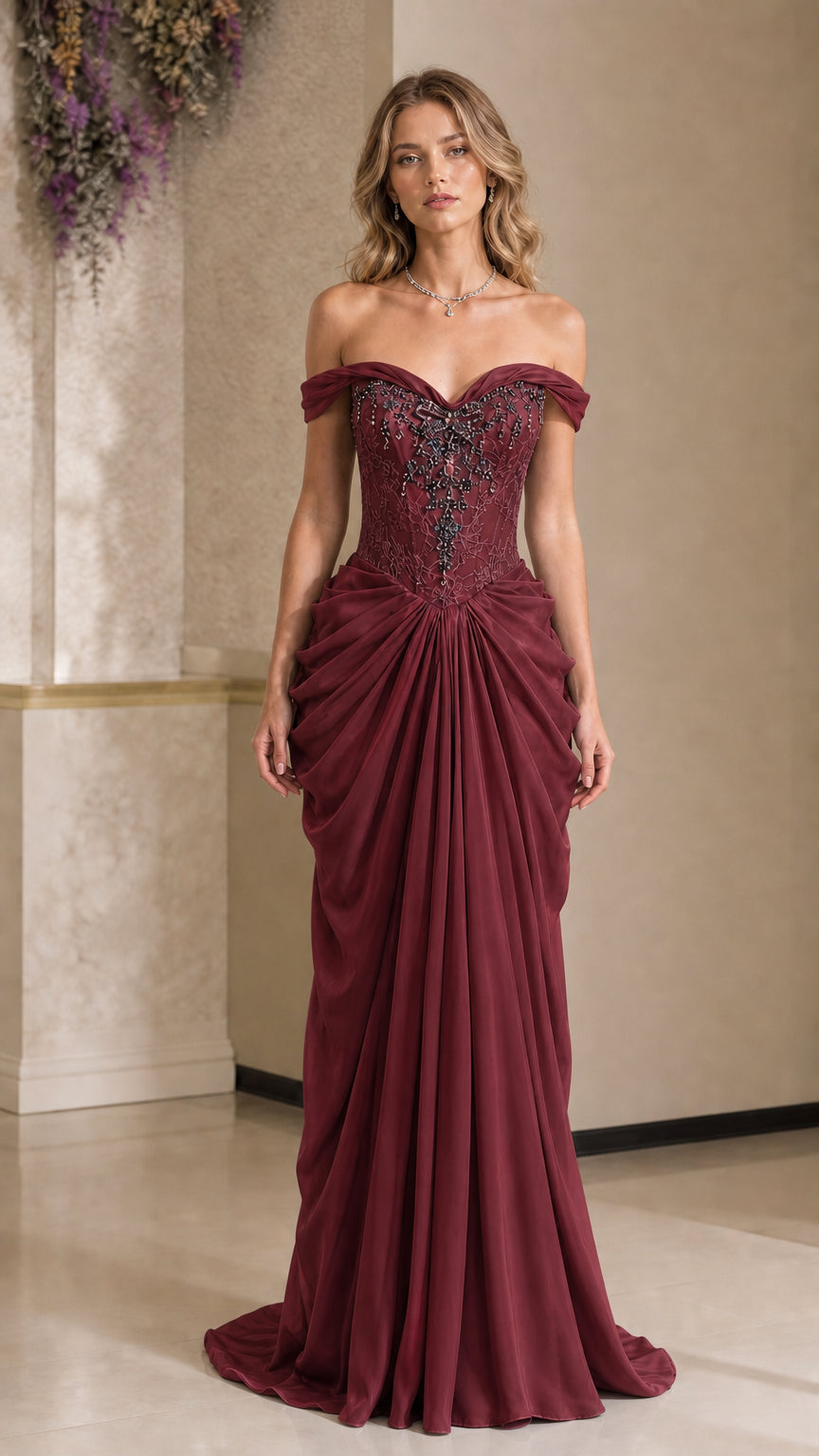 Burgundy wine red off-the-shoulder beaded evening gown floor length