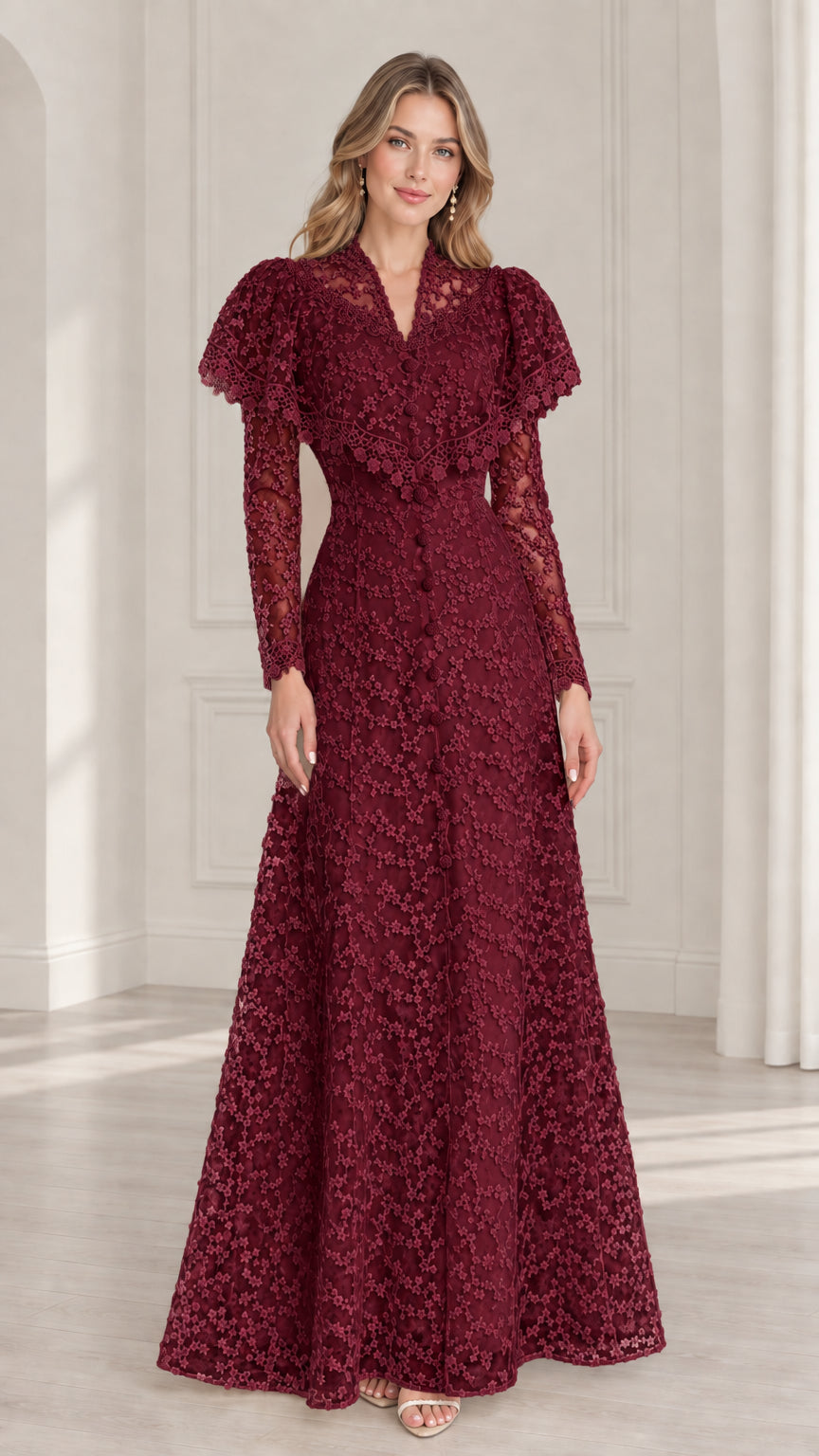 Burgundy wine red floral lace long sleeve capelet gown