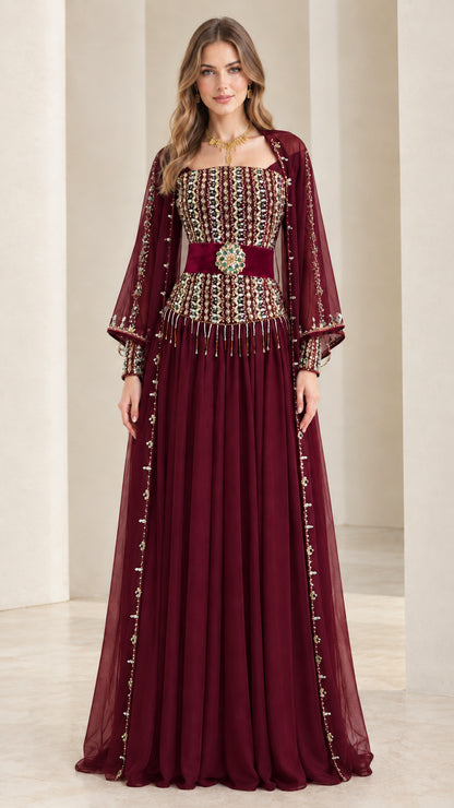 Burgundy wine red beaded cape sleeve formal maxi dress