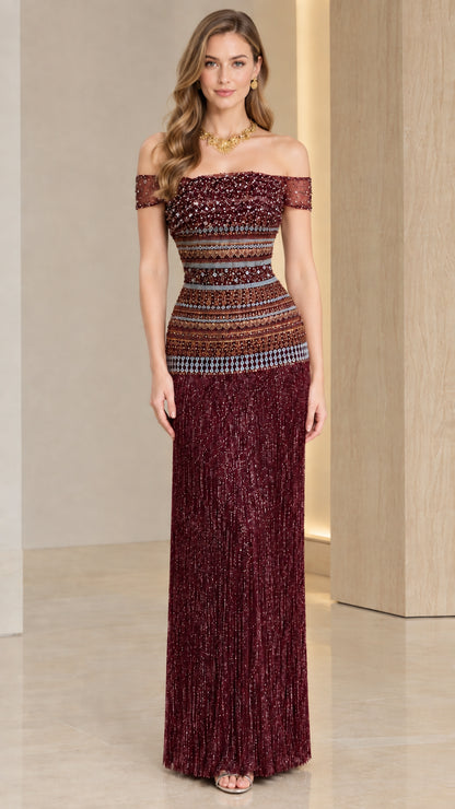 Burgundy off-the-shoulder beaded formal evening gown