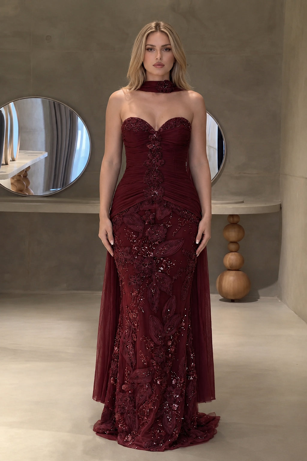 Burgundy wine red sweetheart mermaid evening gown with sequined floral appliqué and cape