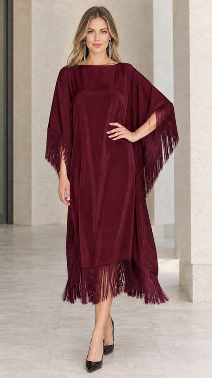 Front view of burgundy red satin fringe kaftan dress