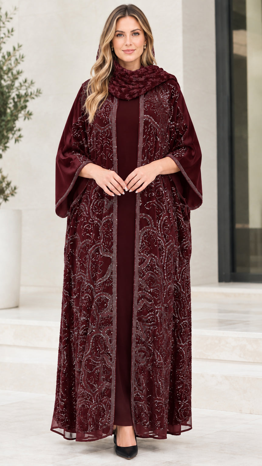 Model wearing burgundy wine red sequin open abaya set with matching headscarf