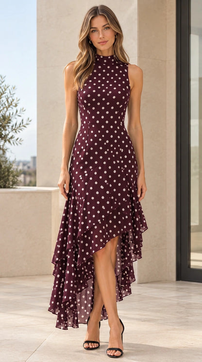 Front view of woman wearing burgundy wine polka dot asymmetrical ruffle dress