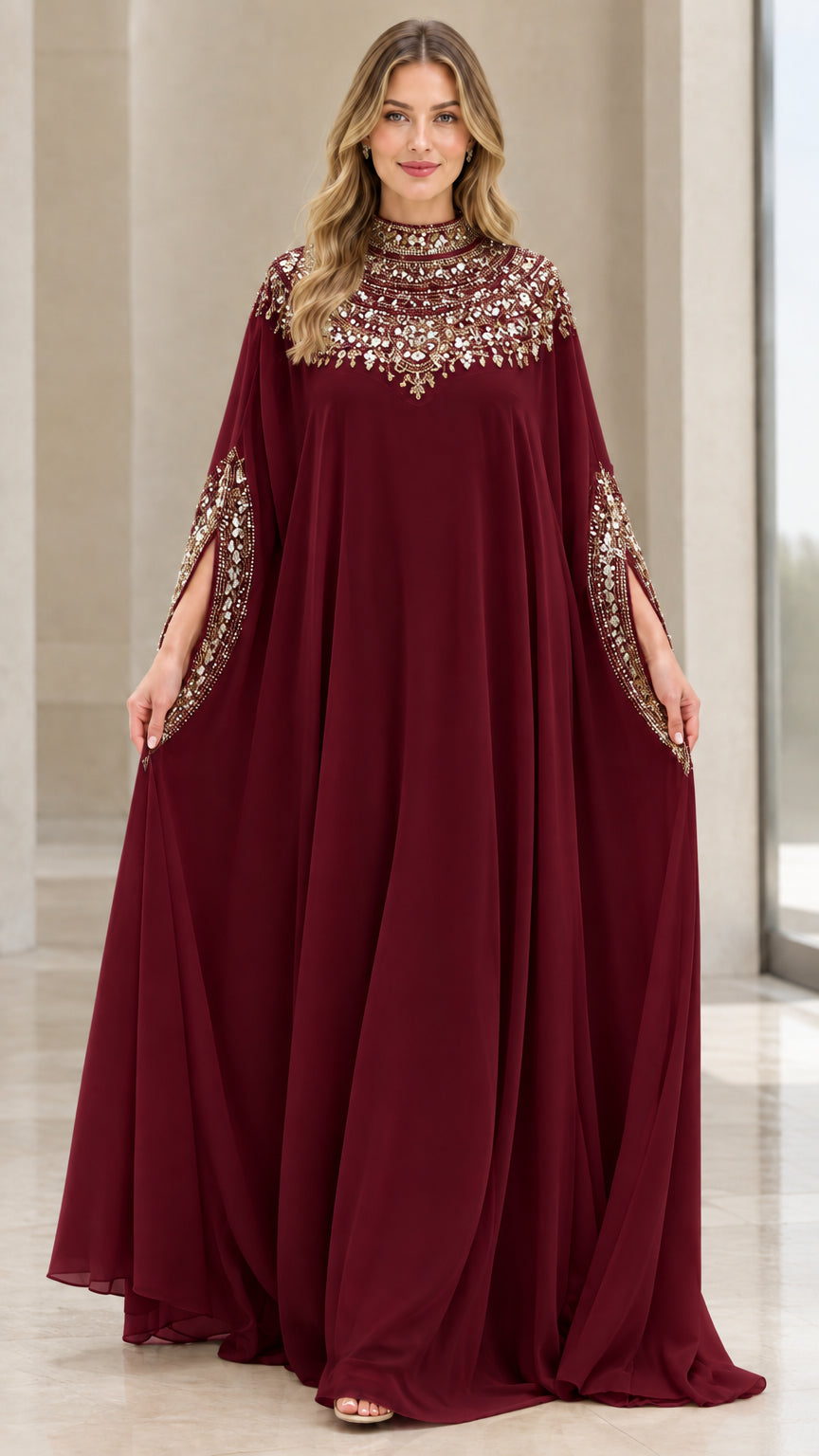 Model wearing burgundy red high neck embellished kaftan maxi dress