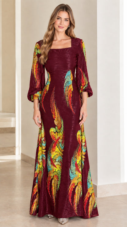 Full-length burgundy evening gown with square neck and feather design