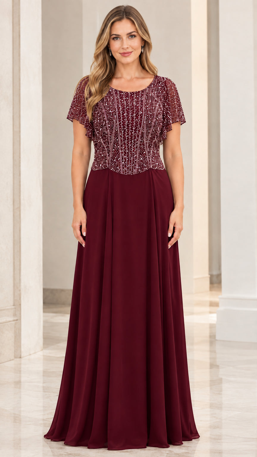 Front view of burgundy wine red beaded chiffon formal dress