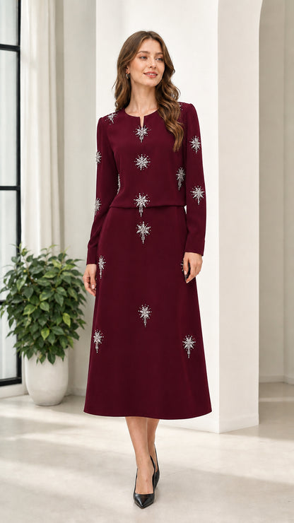 Burgundy wine red long sleeve rhinestone embellished midi dress on model