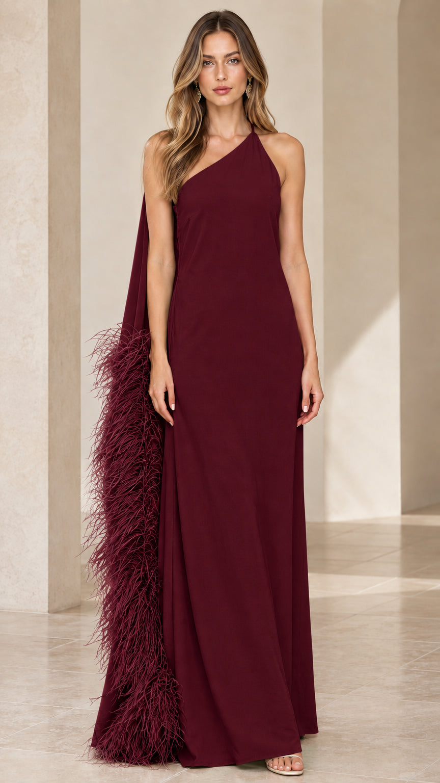 Burgundy wine red one-shoulder formal dress with cascading feather trim cape