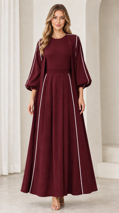 Full-length front view of Burgundy wine long sleeve modest maxi dress