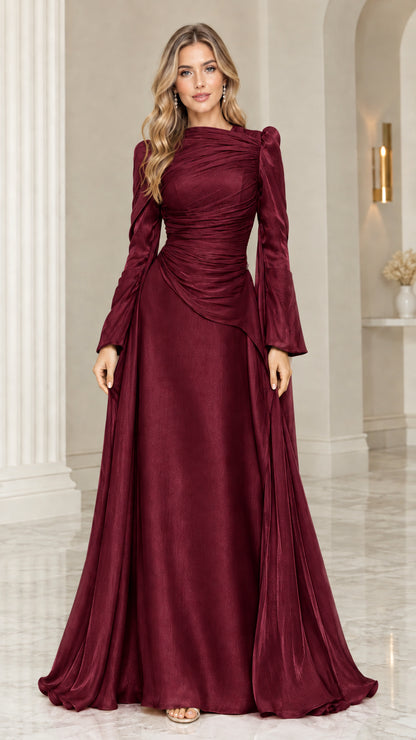 Front view of burgundy wine long-sleeve gathered bodice evening gown