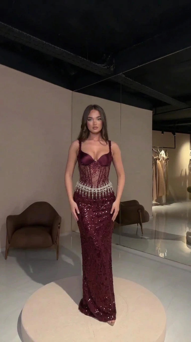 Burgundy red corset lace sequin floor-length gown
