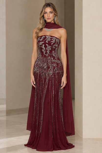 Burgundy wine strapless beaded fringe gala dress with draped scarf