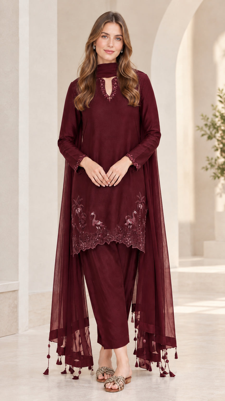 Burgundy maroon embroidered 3-piece tunic and straight pant set with matching scarf