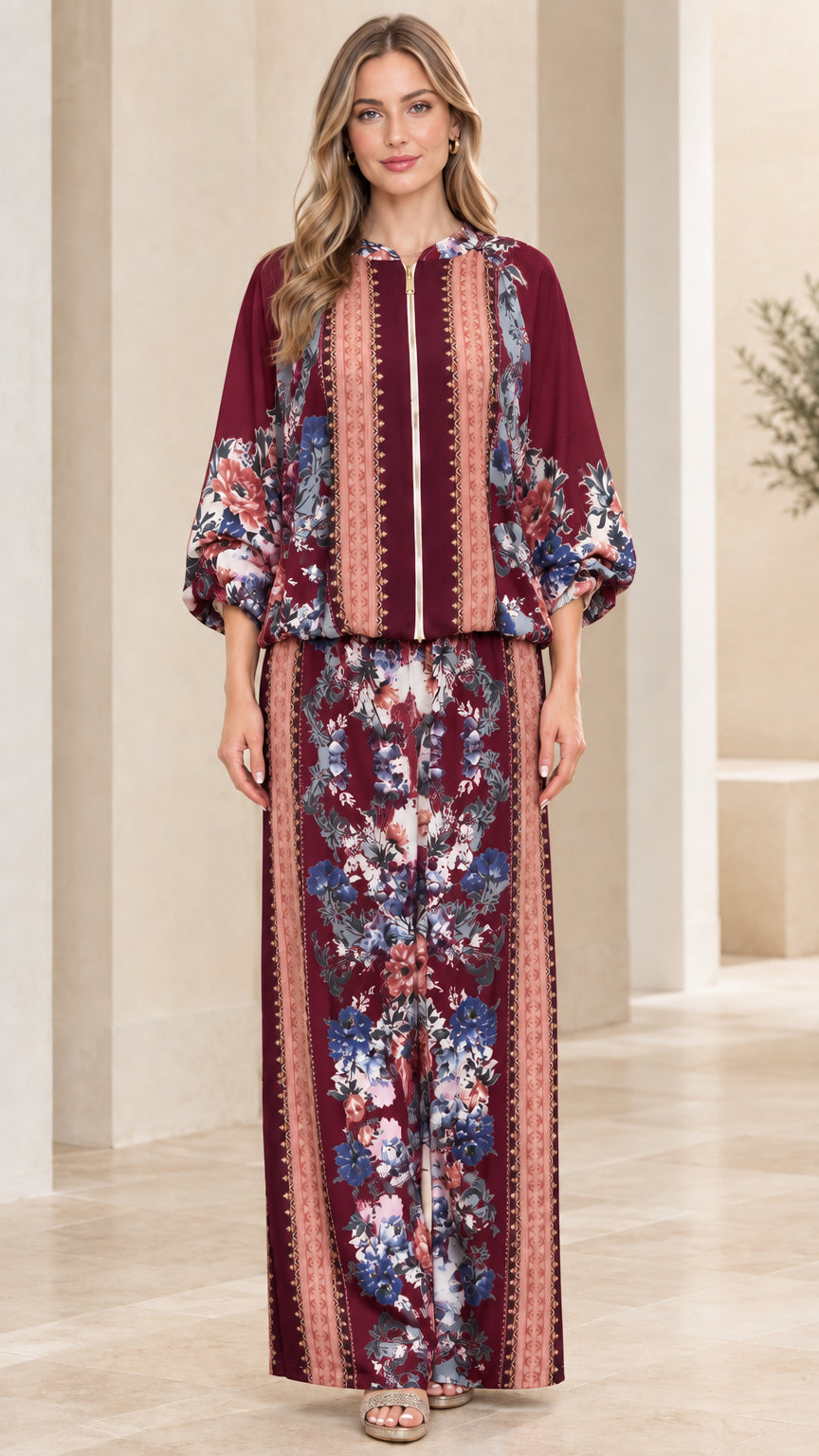 Full-length front view of model wearing Burgundy floral print matching pant set