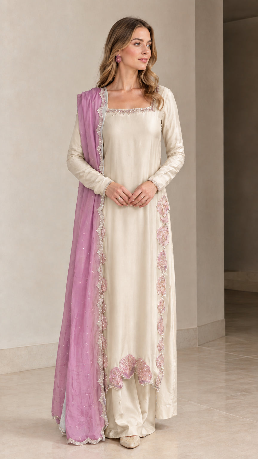 Model wearing Ivory cream embroidered square neck tunic set with lavender dupatta