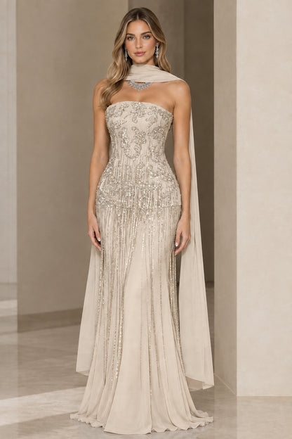 Champagne beige strapless sequin fringe formal evening gown with scarf