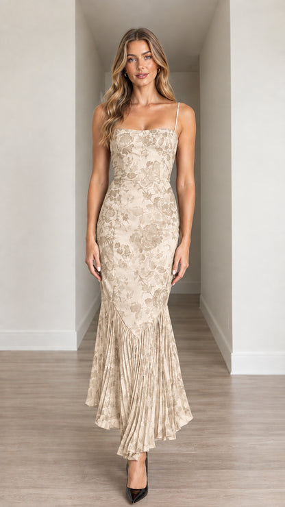 Front view of model wearing Champagne Floral Jacquard Pleated Mermaid Hem Midi Dress